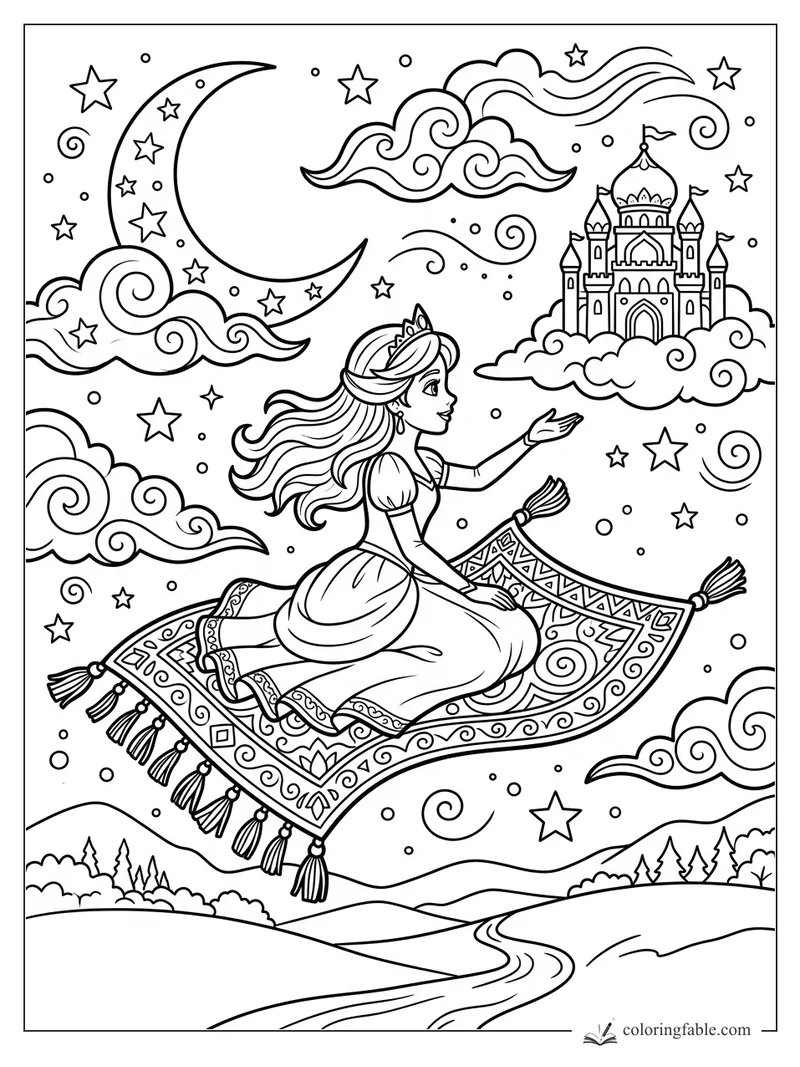 Cartoon princess riding a patterned magic carpet past clouds, stars, crescent moon, and a cloud castle