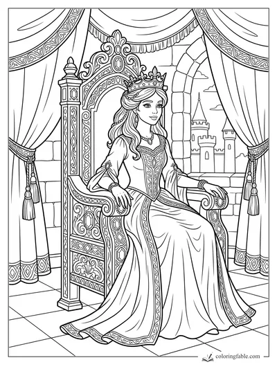 Princess seated on an ornate throne with draped curtains and castle towers outside the window