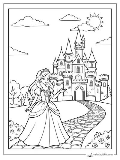 Princess in a tiara standing on a cobblestone path before a tall castle, with sun, clouds, trees, and flowers.