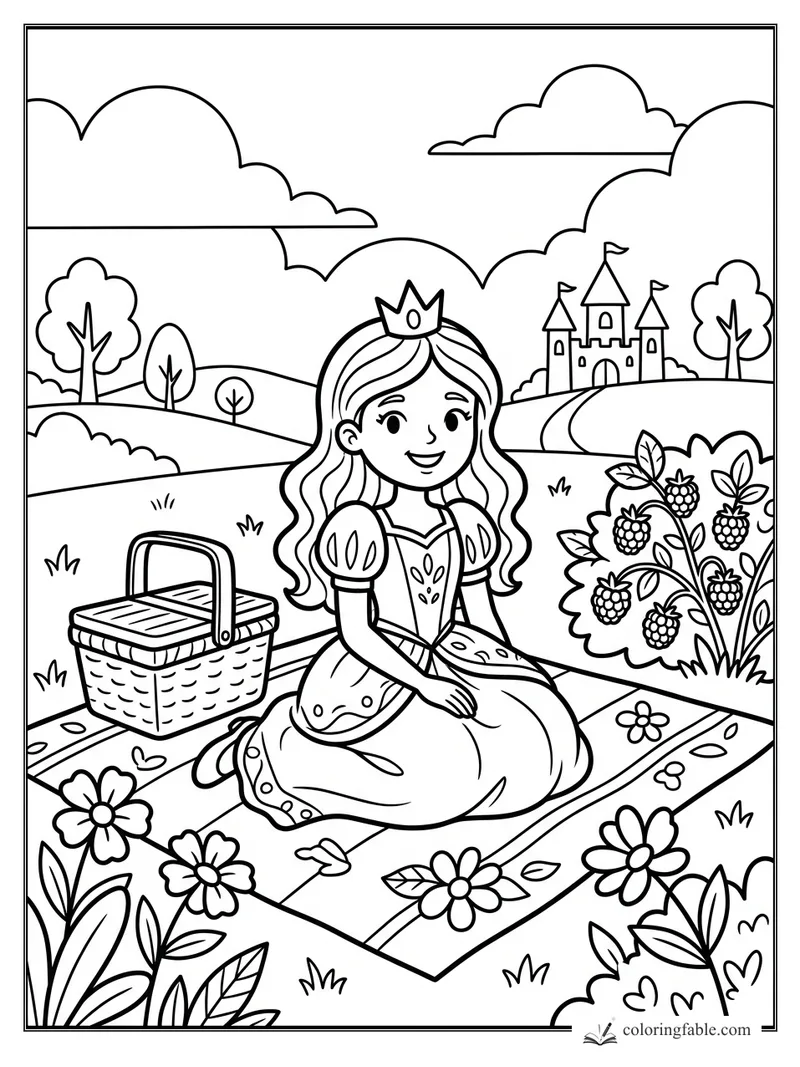 Cartoon princess on a picnic blanket with basket, flowers, berry bush, rolling hills, clouds, and castle