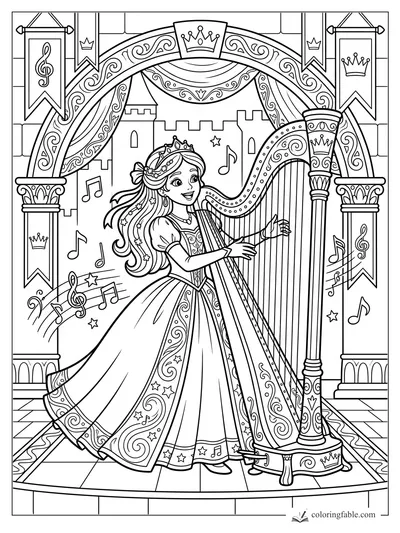 Cartoon princess playing a tall harp on a castle stage with music notes, banners, curtains, and crown arch