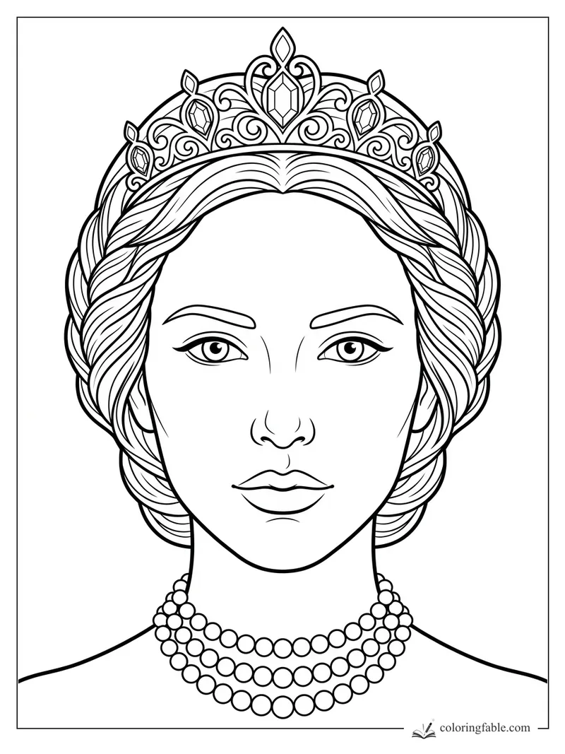 Realistic princess portrait with braided hair, jeweled tiara, calm eyes, and layered pearl necklace