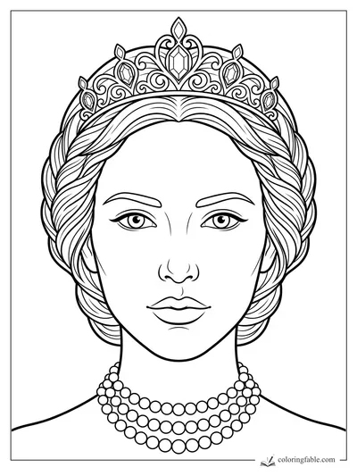 Realistic princess portrait with braided hair, jeweled tiara, calm eyes, and layered pearl necklace