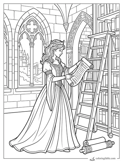 Princess in a castle library reading a scroll beside tall bookshelves, ladder, arched windows, and distant towers