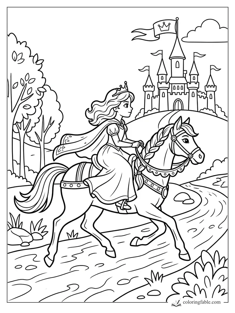 Cartoon princess riding a decorated horse toward a flag-topped castle on a winding road.