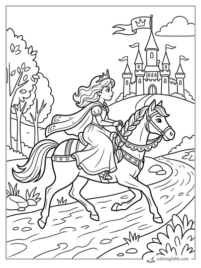 Cartoon princess riding a decorated horse toward a flag-topped castle on a winding road.