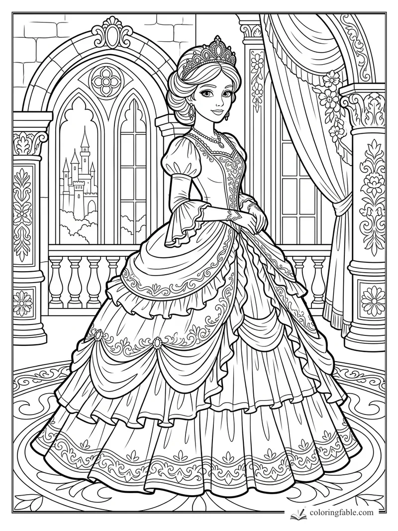 Princess in a jeweled tiara and layered gown standing by arched castle windows and floral curtains