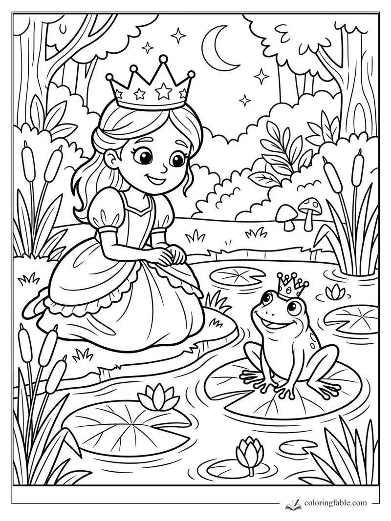 Cartoon princess kneels by a lily pond with a crowned frog under a crescent moon.