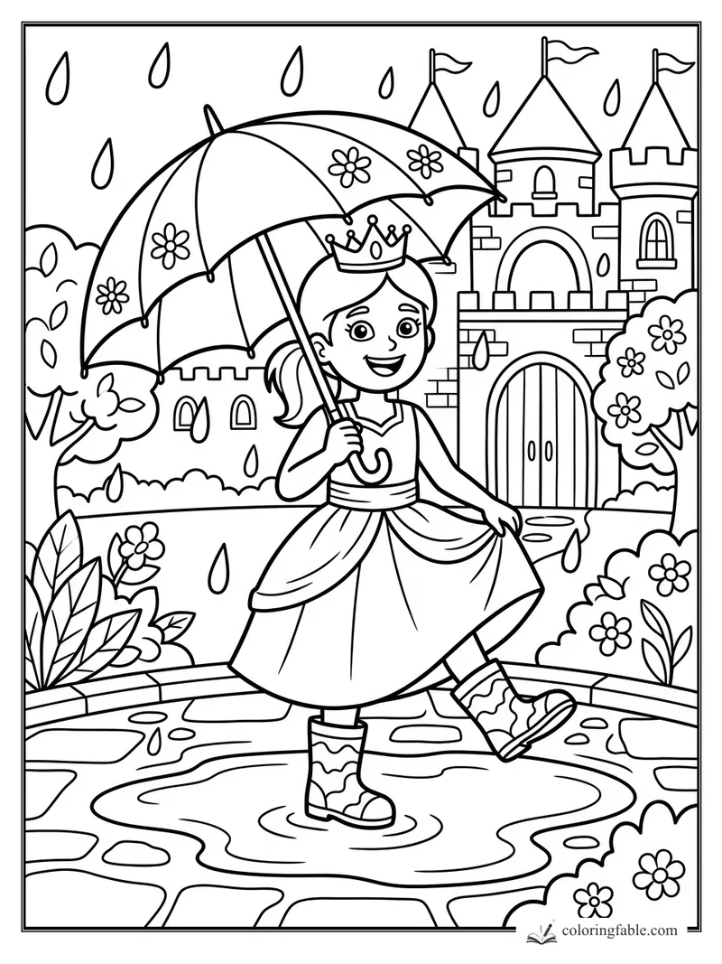 Princess with flower umbrella splashing in rain puddles outside a castle