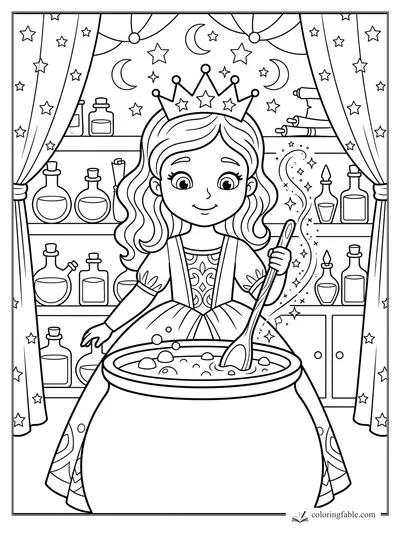 Cartoon princess stirring a bubbling cauldron in a potion room with star curtains, bottles, moons, and scrolls