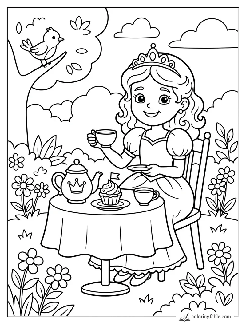 Cartoon princess having tea at a garden table with a crown teapot, cupcake, flowers, and bird in a tree.