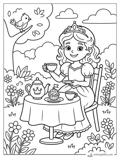 Cartoon princess having tea at a garden table with a crown teapot, cupcake, flowers, and bird in a tree.