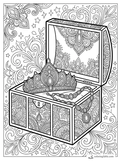 Intricate princess tiara, jeweled necklace, and patterned treasure chest with swirling zentangle florals