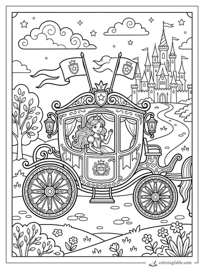 Cartoon princess waving from an ornate carriage with star flags, castle, winding road, clouds, and flowers