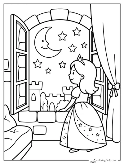 Easy princess coloring page with open window, crescent moon, stars, castle towers, curtain, and bed.
