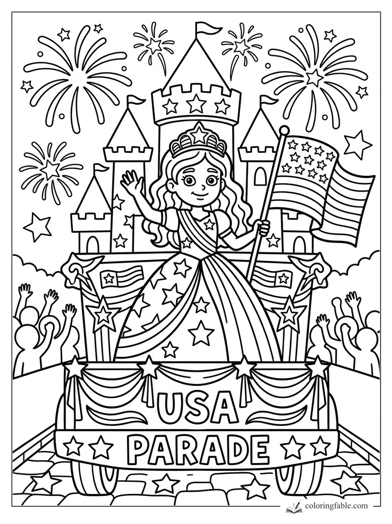 Princess on a USA parade float with castle, flags, fireworks, stars, and cheering crowd