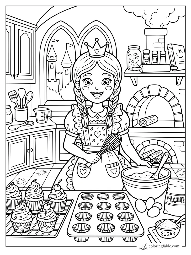 Cartoon princess whisking batter in a castle kitchen with cupcakes, flour, sugar, oven, and tower window