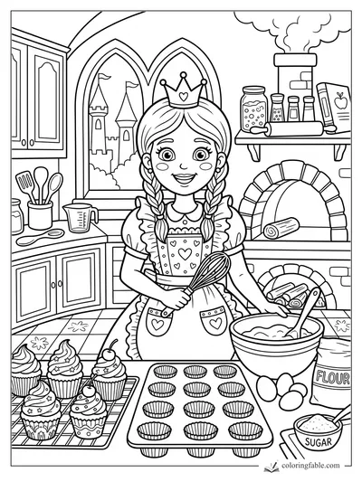 Cartoon princess whisking batter in a castle kitchen with cupcakes, flour, sugar, oven, and tower window