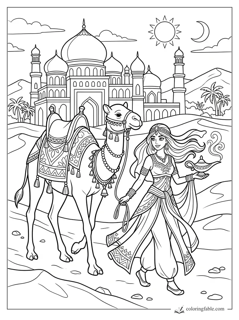 Princess carrying a magic lamp beside a decorated camel and domed desert palace