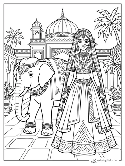 Princess in ornate dress beside a decorated elephant in a domed palace courtyard with palm trees