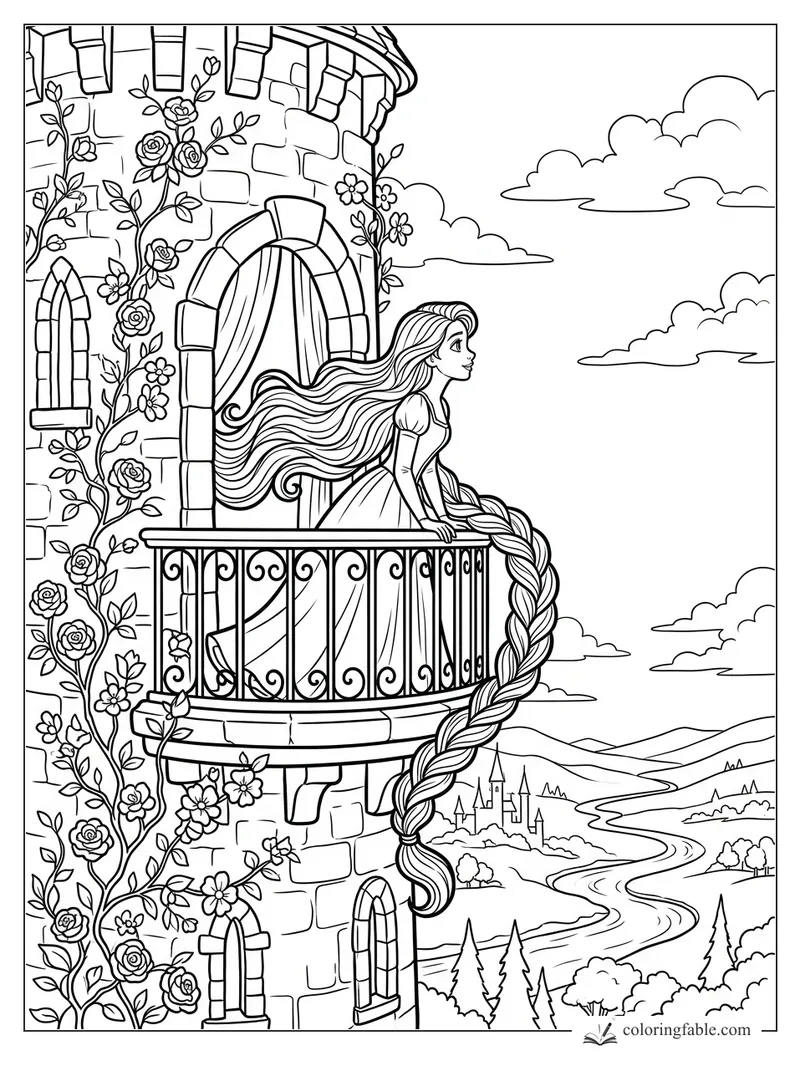 Princess on a tower balcony with a long braid, roses, clouds, hills, river, and distant castle