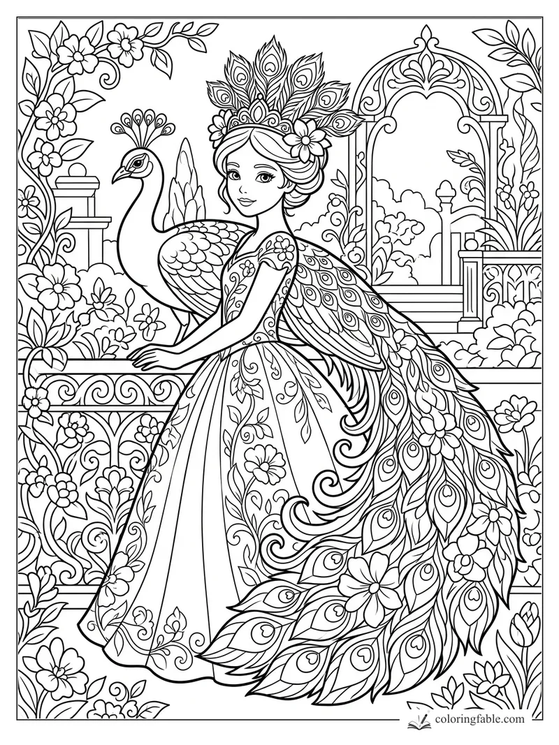 Floral princess beside a peacock, wearing a feather crown and peacock-tail dress in a garden archway