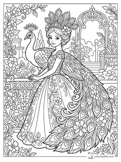 Floral princess beside a peacock, wearing a feather crown and peacock-tail dress in a garden archway