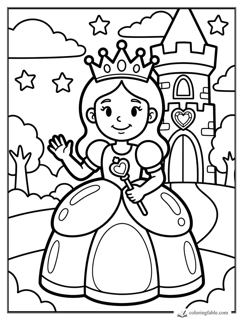 Smiling princess waves and holds a heart key in front of a tall castle with stars and clouds.