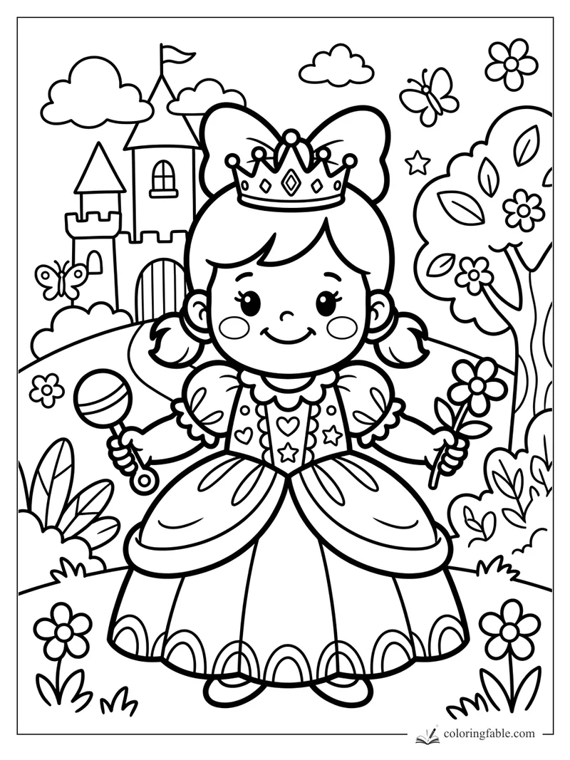 Easy princess coloring page with crown, rattle, flower, castle, butterflies, and garden tree