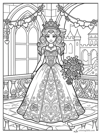 Princess in a heart-patterned gown holding roses on a decorated castle balcony