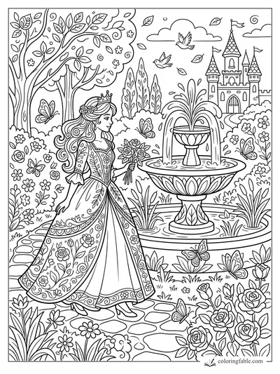 Princess holding roses beside a fountain, butterflies, birds, flowering trees, and a castle in a floral garden