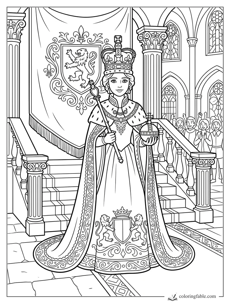 Princess holding a scepter and orb in a vaulted great hall with lions, banners, columns, and cheering guests.