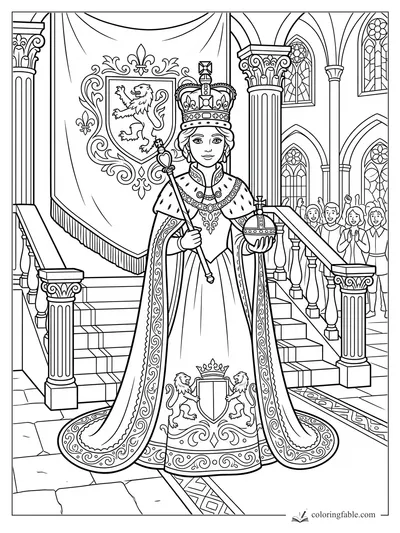 Princess holding a scepter and orb in a vaulted great hall with lions, banners, columns, and cheering guests.