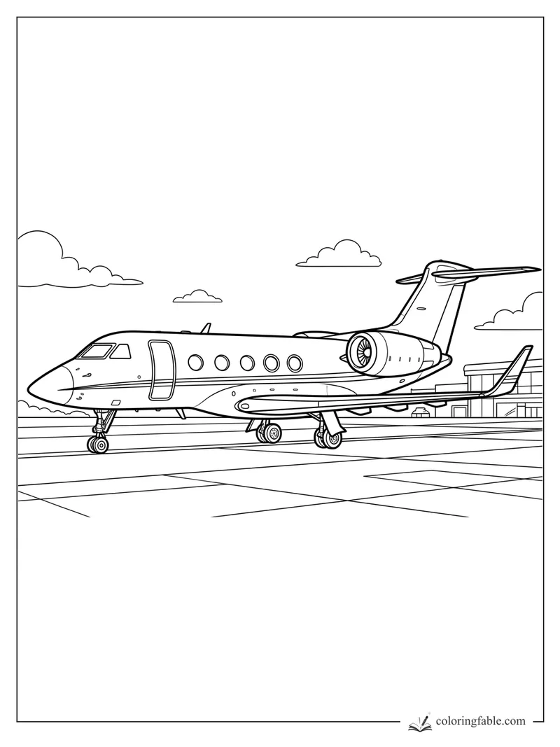 Realistic private jet on a runway with round windows, landing gear, terminal building, and clouds.