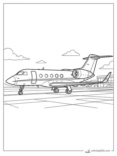 Realistic private jet on a runway with round windows, landing gear, terminal building, and clouds.