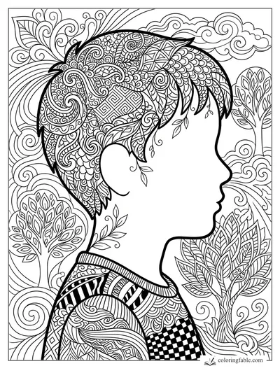 Intricate zentangle coloring page of a boy in profile with patterned hair, trees, clouds, leaves, and swirls.