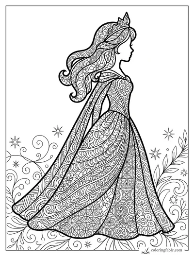 Intricate zentangle princess in profile with crown, flowing hair, patterned gown, stars, and curling vines