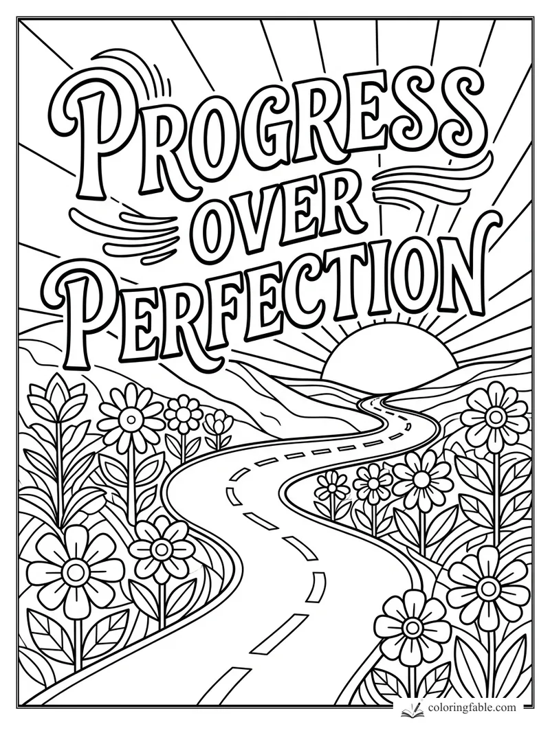 Vintage affirmation coloring page with “Progress Over Perfection,” winding road, sunrise, hills, and flowers.