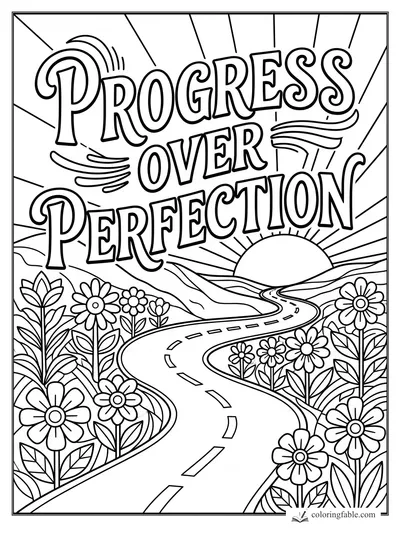 Vintage affirmation coloring page with “Progress Over Perfection,” winding road, sunrise, hills, and flowers.