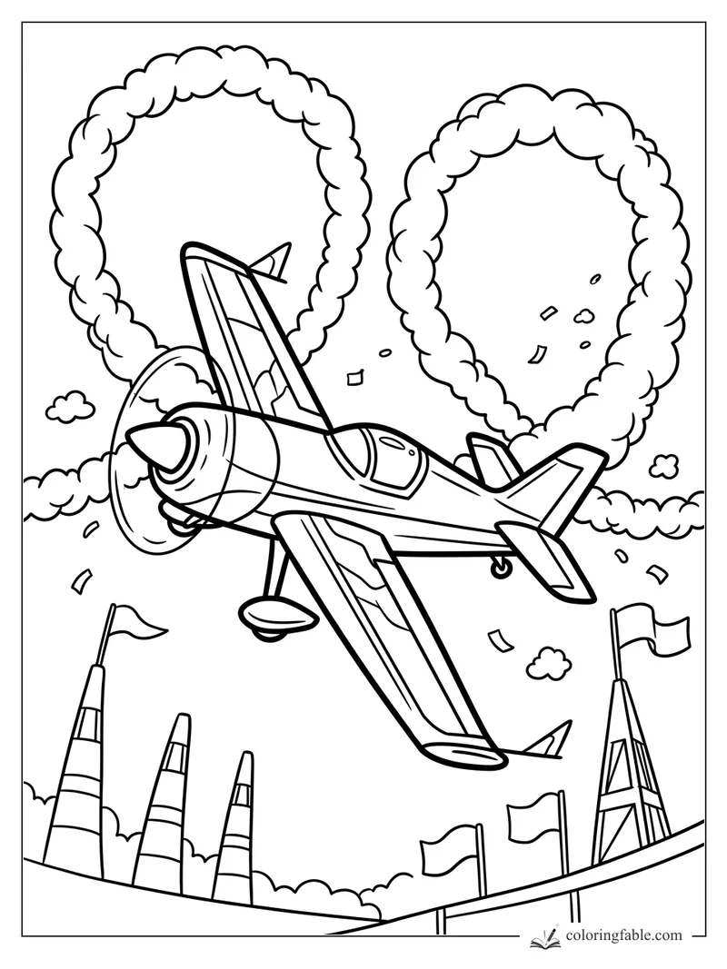 Cartoon propeller airplane looping through cloud rings above flags, cones, and confetti