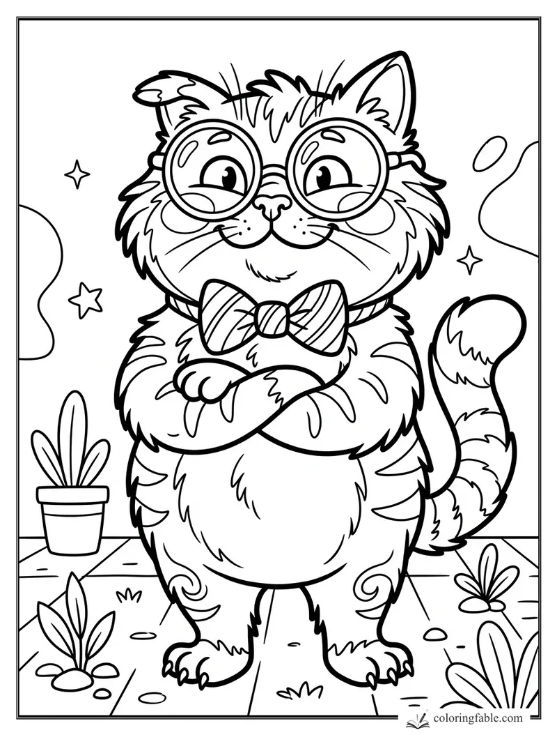 Caricature cat with round glasses, striped bow tie, crossed paws, tail, stars, and patio plants