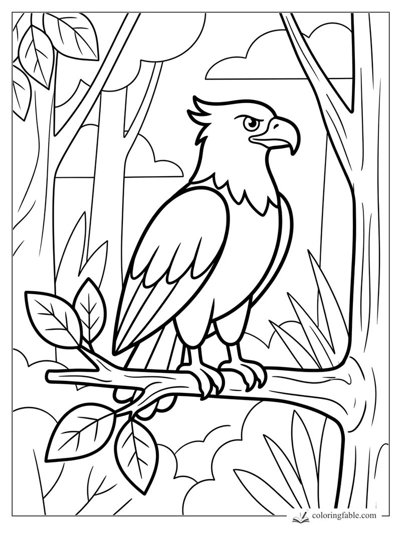 Cartoon eagle perched on a branch among tall tree trunks, leaves, grass, and clouds.