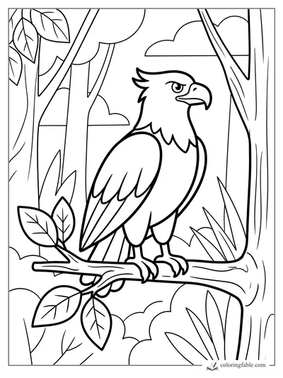 Cartoon eagle perched on a branch among tall tree trunks, leaves, grass, and clouds.