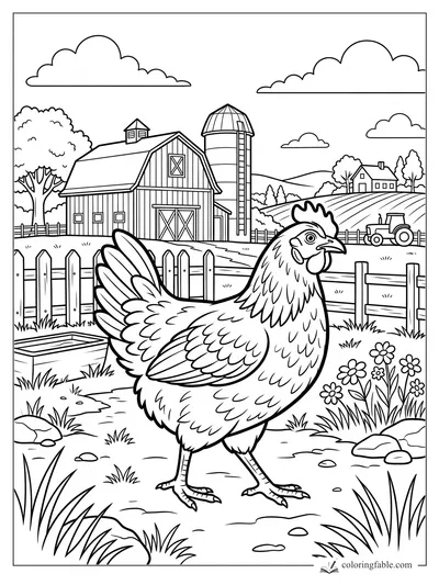 Hen standing by a picket fence with barn, silo, tractor, flowers, hills, and clouds on a farm.