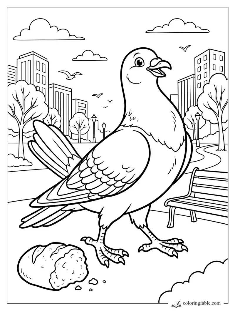 Cartoon pigeon standing in a city park beside a broken bread roll, benches, trees, clouds, and buildings.