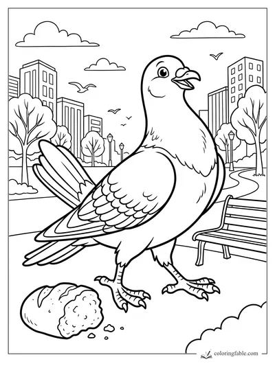 Cartoon pigeon standing in a city park beside a broken bread roll, benches, trees, clouds, and buildings.