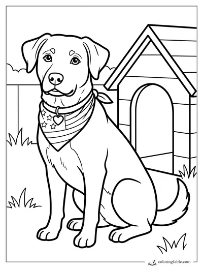 Sitting puppy with star bandana, heart tag, fence, grass tufts, and striped doghouse coloring page