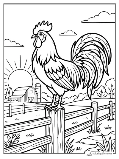 Bold coloring page of a rooster perched on a fence post with barn, silo, sunrise, clouds, and trees.