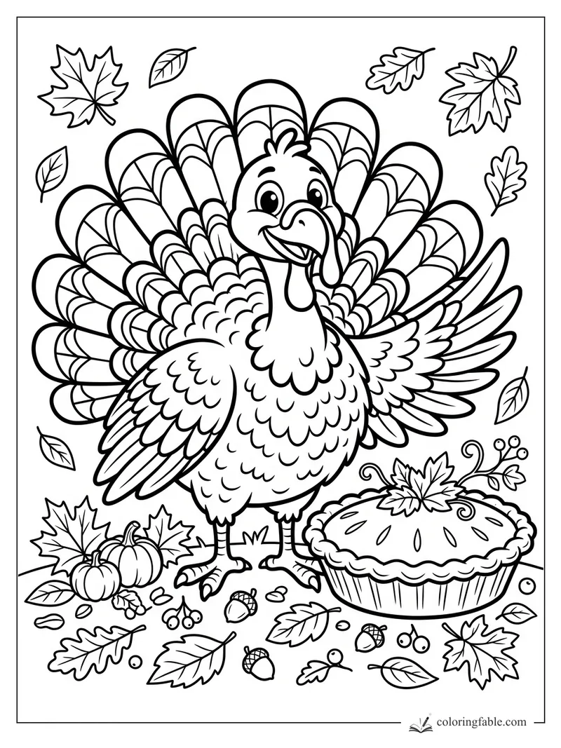 Cartoon turkey spreading tail feathers beside a fall pie, pumpkins, acorns, berries, and drifting leaves.