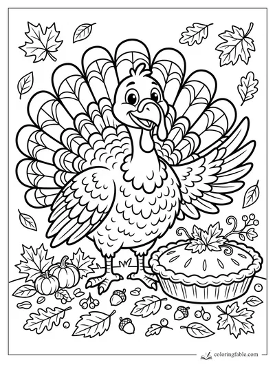 Cartoon turkey spreading tail feathers beside a fall pie, pumpkins, acorns, berries, and drifting leaves.